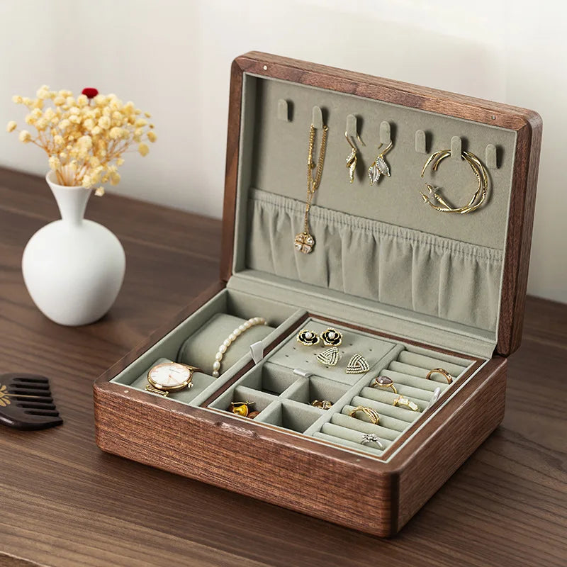 hadnmade Jewelry Box Double Layer Wooden Cases with Multi-compartments Necklace Bracelets Earrings Organizer Walnut Wood Jewelry Boxes