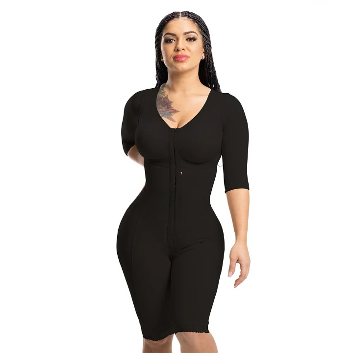 7655 Seamless Full Body Shaper with Sleeves & Bra – Elastic, Push-Up, Adjustable Shapewear Bodysuit with Hook & Eye Closure