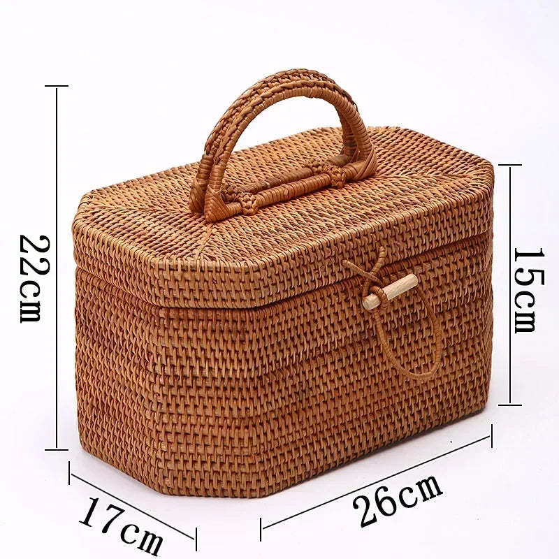 handmade Handwoven Rattan Storage Box with Handle Wicker Ornament Box Tea set Container Picnic Bread Fruit Cake Basket Kitchen Organizer