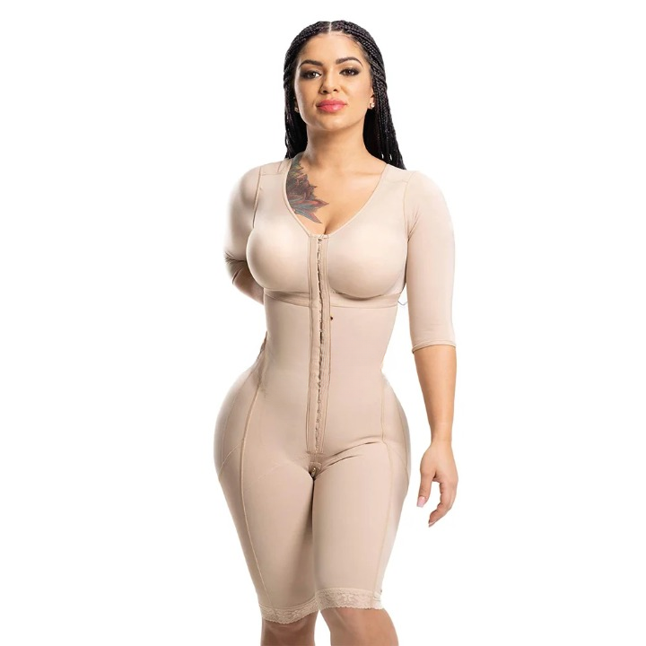 7655 Seamless Full Body Shaper with Sleeves & Bra – Elastic, Push-Up, Adjustable Shapewear Bodysuit with Hook & Eye Closure