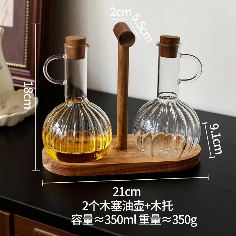 HANDMADE Glass Oil Pan Kitchen Household Wooden Lidseasoning Bottle Storage Rack High-temperatureresistant Storagetanksoysauce Bottle Set