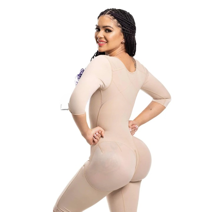 7655 Seamless Full Body Shaper with Sleeves & Bra – Elastic, Push-Up, Adjustable Shapewear Bodysuit with Hook & Eye Closure