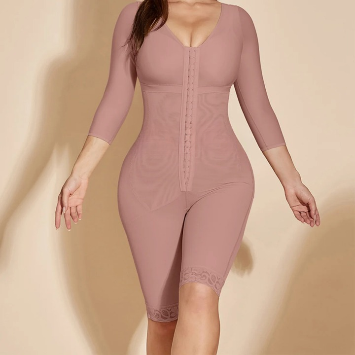 7655 Seamless Full Body Shaper with Sleeves & Bra – Elastic, Push-Up, Adjustable Shapewear Bodysuit with Hook & Eye Closure