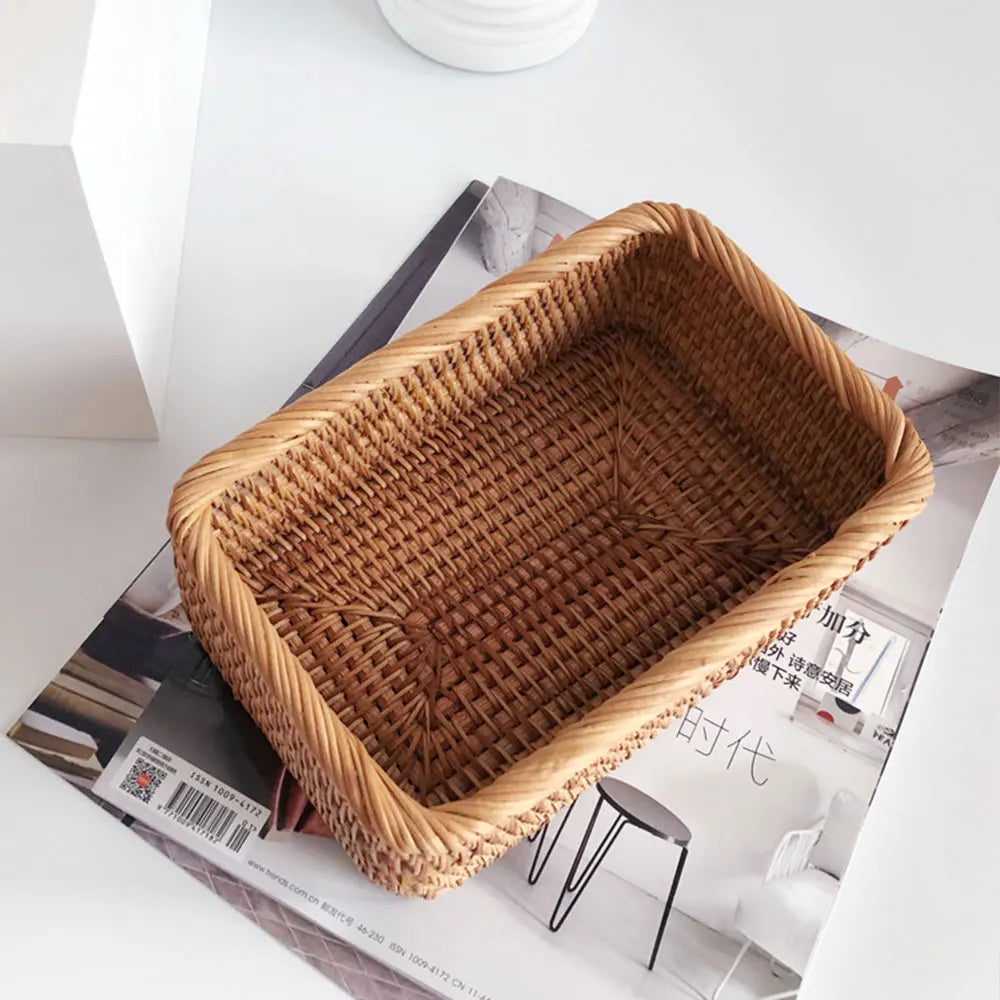 handmade Handwoven Rectangular Rattan Wicker Basket Fruit Tea Snack Bread Picnic Cosmetic Storage Box Kitchen Supplies Household Tools