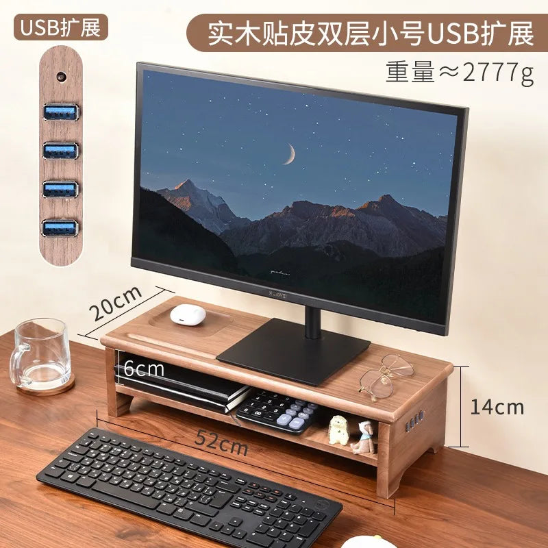 HANDMADE OAK WOOD SCREEN HOLDER WITH CHARGERS Desktop Monitor Riser Office Computer Stand with USB Extension Solid Wood Drawer Organizer Space-Saving Storage Frame for Desk