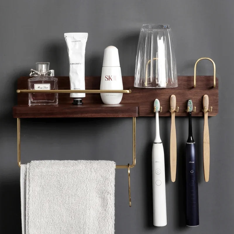 HANDMADE BATHROOM STORAGE WALL Black Walnut Electric Toothbrush Holder Multi Functional Wall-Mounted Gargle Cup and Paper Towel Storage Rack for Bathroom