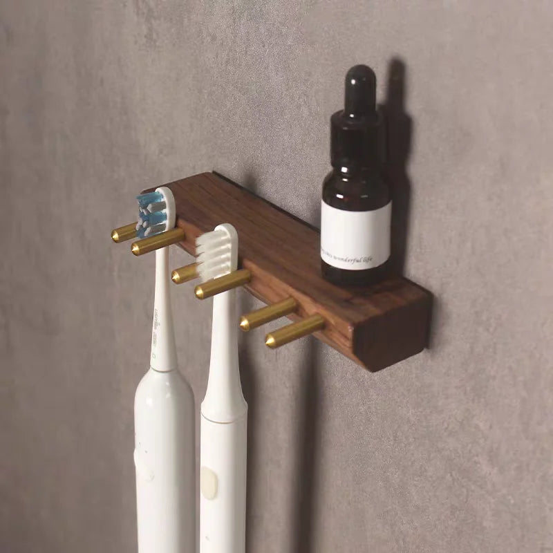 handmade Wood Toothbrush Holder Storage Rack Household Toothbrush Organizer Sticky Wall-mounted Toothpaste Bathroom Accessories Shelf