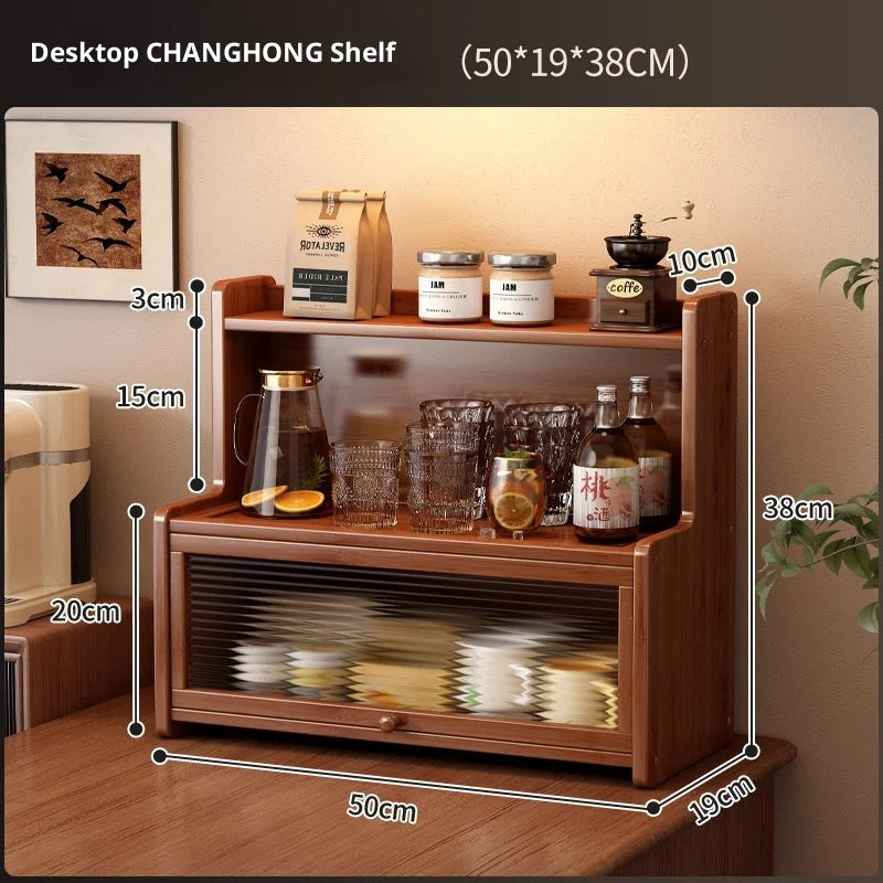 Multifunctional Bamboo Countertop Organizer Rack with Dustproof Door | Kitchen & Bathroom Storage Shelf