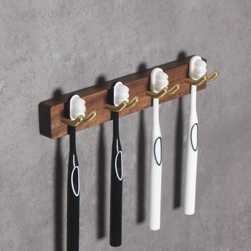 HANDMADE Black Walnut Wooden Toothbrush Hanger Toilet Storage Rack Toothbrush Cup Holder Toothpaste Storage Wall Hanger No Punching