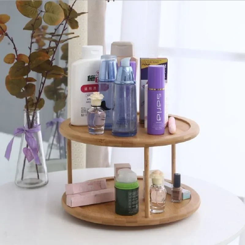 HANDMADE Bamboo turntable spice rack 2-layer bamboo kitchen counter top cabinet, rotary condiment storage box, cosmetics shelf
