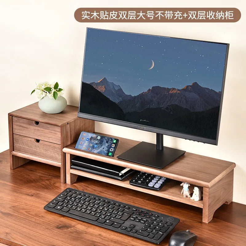 HANDMADE OAK WOOD SCREEN HOLDER WITH CHARGERS Desktop Monitor Riser Office Computer Stand with USB Extension Solid Wood Drawer Organizer Space-Saving Storage Frame for Desk
