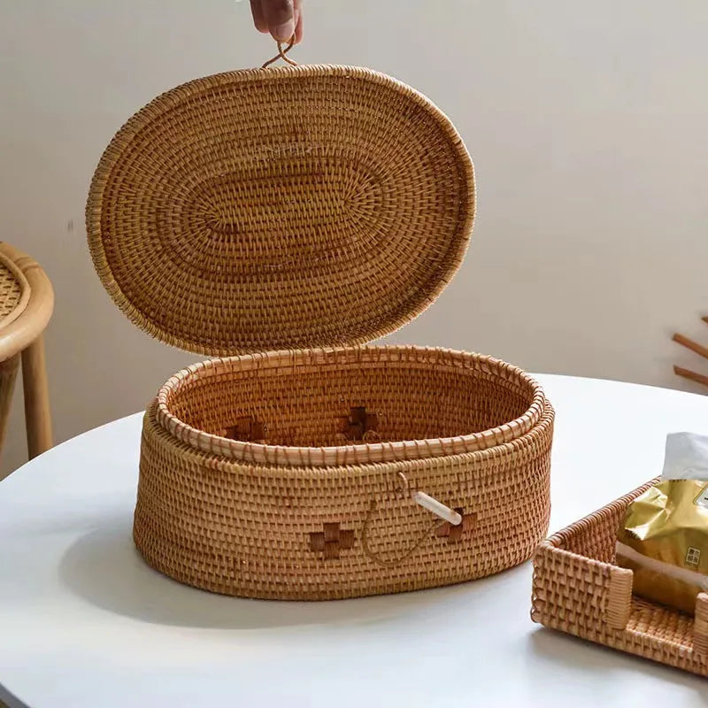handmade Handwoven Rattan Storage Box with Handle Wicker Ornament Box Tea set Container Picnic Bread Fruit Cake Basket Kitchen Organizer