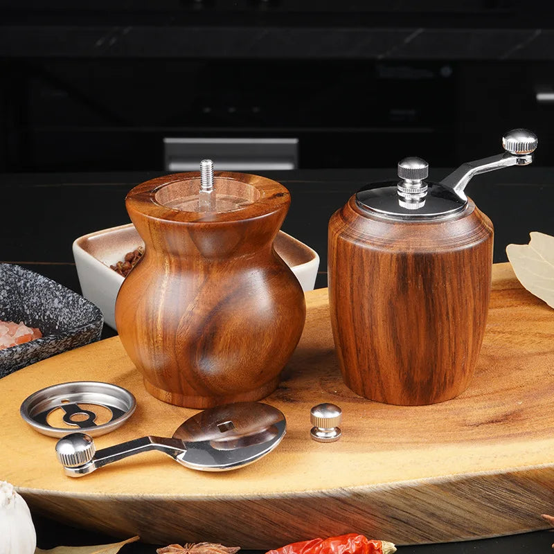 HANDMADE ACACIA WOOD Hand-crank Pepper Grinder,Ceramic Core,Vase/Wine Jar/Sphere Style Spice Pepper Mill,Multi-purpose Salt Shakers,Wooden,BBQ Mill