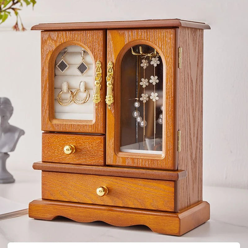 HANDMADE Retro Wooden Jewelry Storage Box High-end Earrings Necklaces Rings Storage Holder Rack Dustproof Cabinet Desktop Showcase