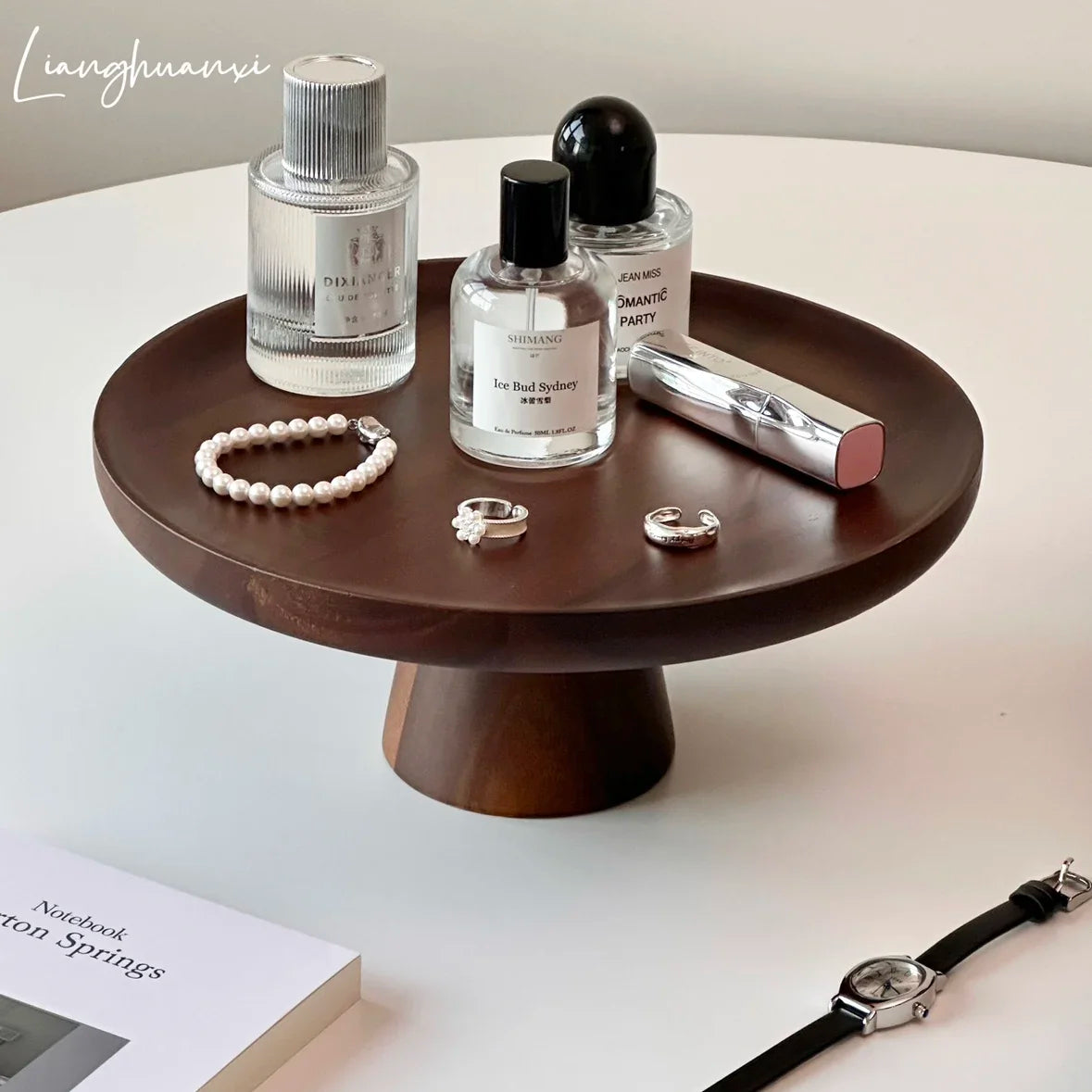 handmade Solid Wood Perfume Rack Living Room Dim Sum Dish Retro High Foot Jewelry Tray Walnut Color Dessert Table Display Wood Fruit Tray