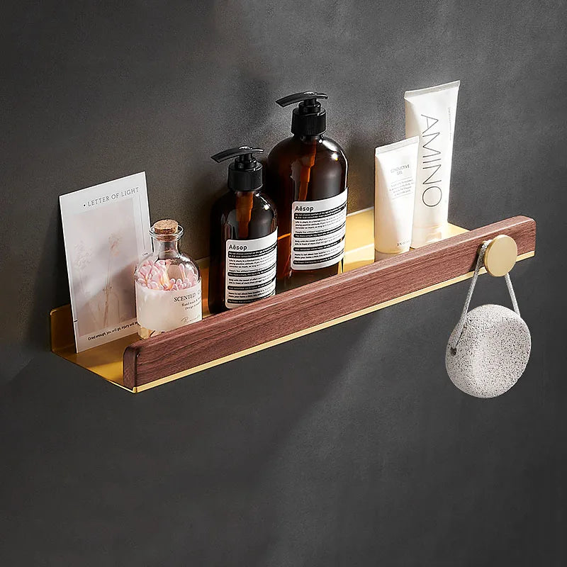 HANDMADE 30-50cm Brushed Gold Bathroom Corner Shelf Wall-mounted Shower Room Toilet Walnut Wood Cosmetic Storage Rack with Hook Rod