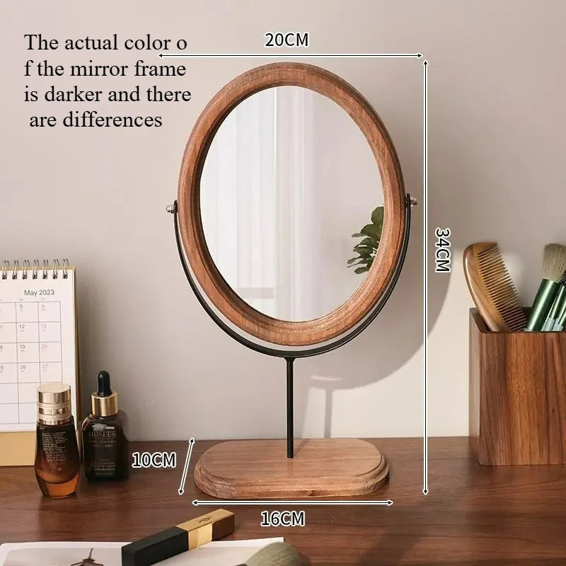 HANDMADE Espejo Decorativo Retro Chinese Style Wooden Vanity Mirror Rotatable Desktop Vanity Mirror Simple Dormitory Desktop Ornament