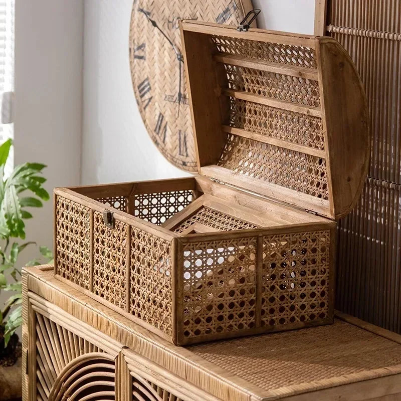 HANDMADE Rattan Style Storage Basket with Lid Makeup Organizer Box Multifunctional Snack Container Desktop Cosmetic Holder Home Organizer