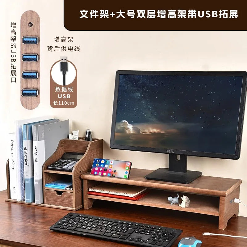HANDMADE OAK WOOD SCREEN HOLDER WITH CHARGERS Desktop Monitor Riser Office Computer Stand with USB Extension Solid Wood Drawer Organizer Space-Saving Storage Frame for Desk