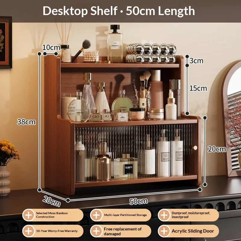 Multifunctional Bamboo Countertop Organizer Rack with Dustproof Door | Kitchen & Bathroom Storage Shelf