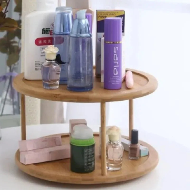 HANDMADE Bamboo turntable spice rack 2-layer bamboo kitchen counter top cabinet, rotary condiment storage box, cosmetics shelf