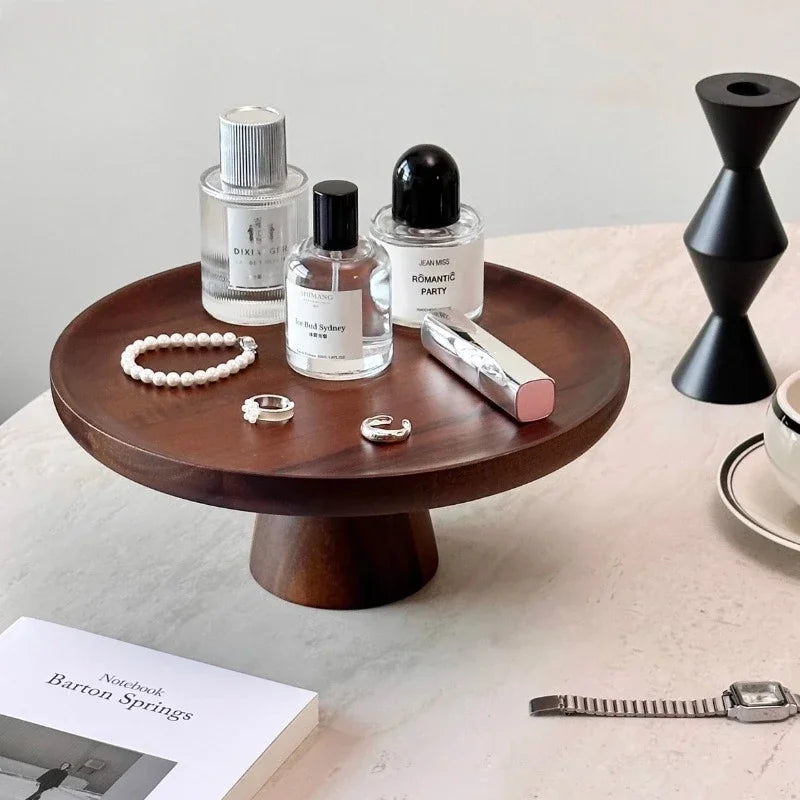 handmade Solid Wood Perfume Rack Living Room Dim Sum Dish Retro High Foot Jewelry Tray Walnut Color Dessert Table Display Wood Fruit Tray