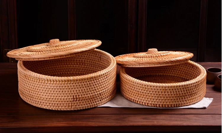 handmade rattan basket storage New Hand-woven Basket Primary Colours Simple Retro Rattan Storage Boxes with Lids Jewelry Tea Set Storage Boxes Household Items
