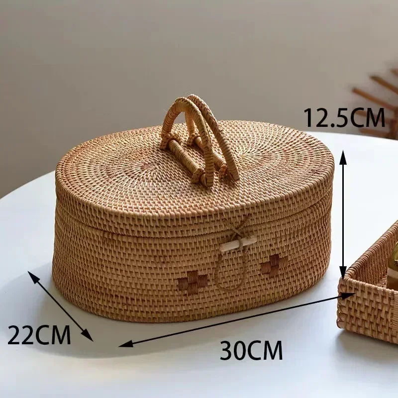 handmade Handwoven Rattan Storage Box with Handle Wicker Ornament Box Tea set Container Picnic Bread Fruit Cake Basket Kitchen Organizer