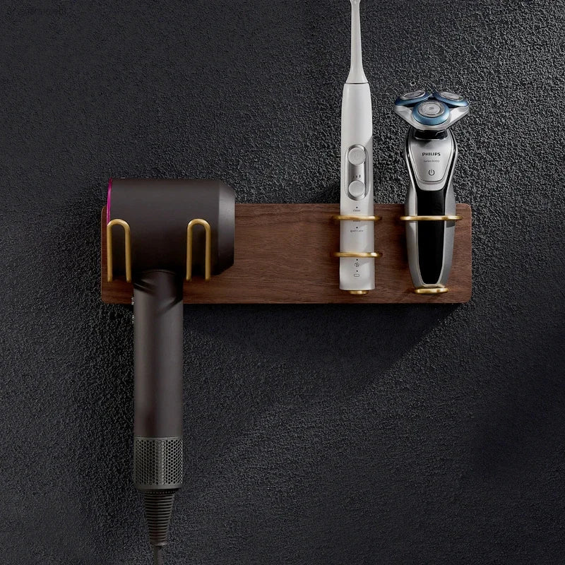 HANDMADE Solid Wood Hair Dryer Holder Wall Mounted Multi-Function Bathroom Rack Shaver Holder Toothbrush Rack Toothpaste Holder Plug Rack