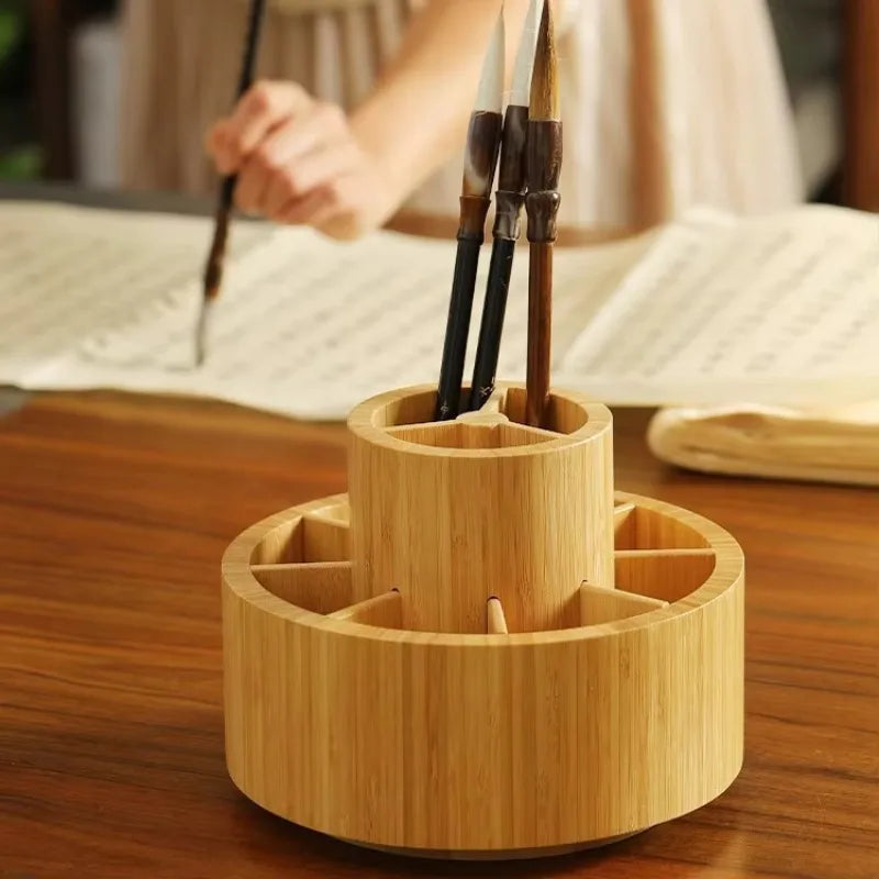 HANDMADE UNIVERSAL Brush Holder for Vanity Rotating Bamboo Pen Stand for Office Desk Circular Stationery Organizer for Home Workspace