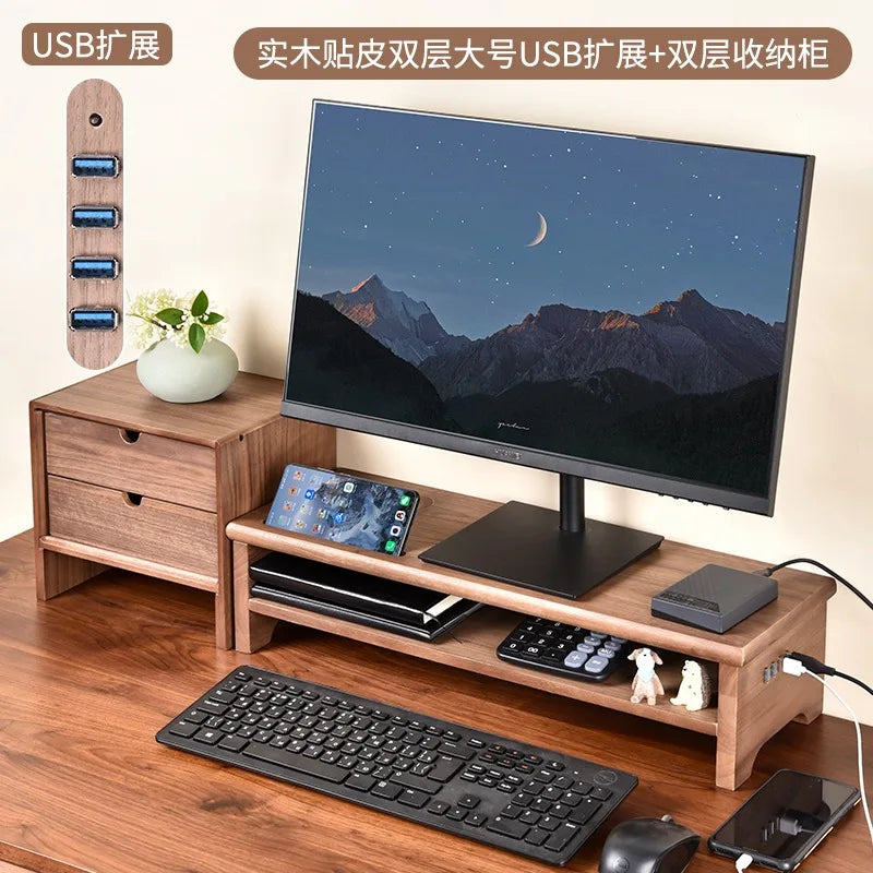 HANDMADE OAK WOOD SCREEN HOLDER WITH CHARGERS Desktop Monitor Riser Office Computer Stand with USB Extension Solid Wood Drawer Organizer Space-Saving Storage Frame for Desk