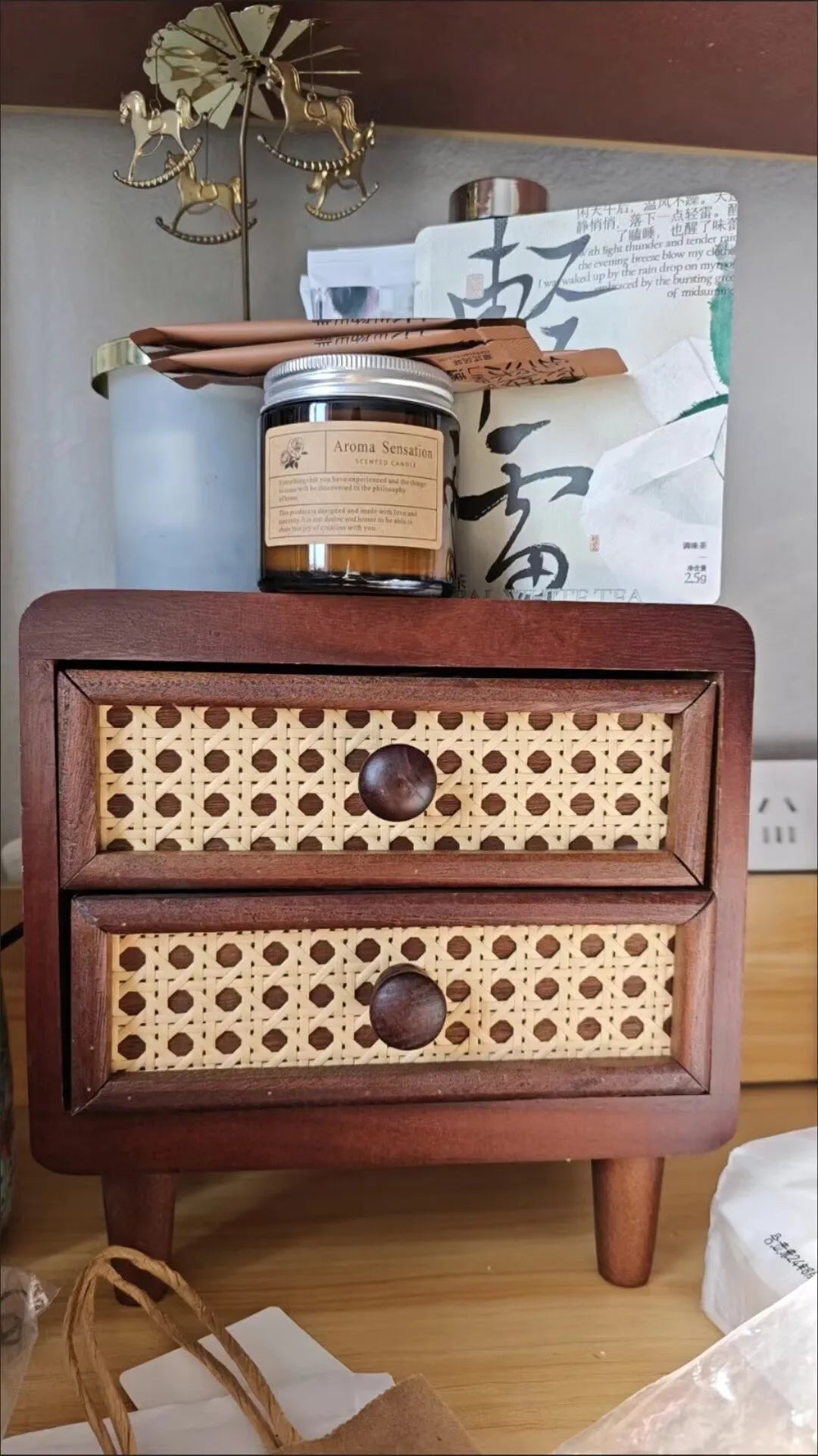 HANDMAME Desktop Wooden Storage Cabinet Retro Imitate Rattan Storage Box with Drawer Home Decor Sundries Organize Boxes Stationery Holder