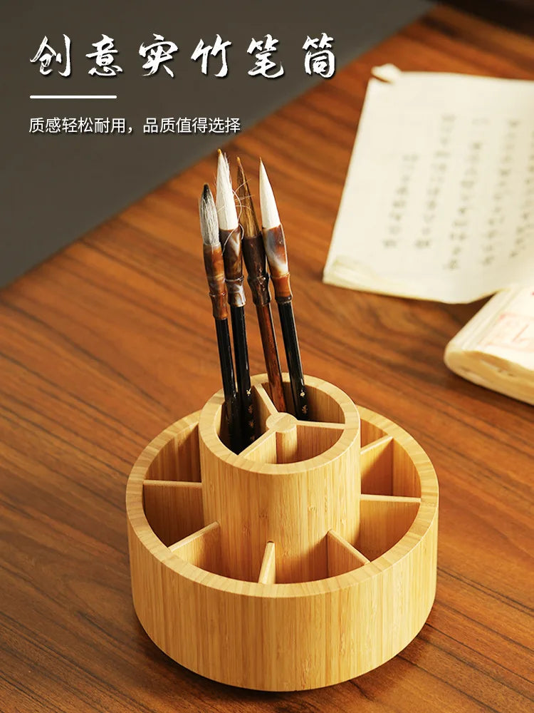 HANDMADE UNIVERSAL Brush Holder for Vanity Rotating Bamboo Pen Stand for Office Desk Circular Stationery Organizer for Home Workspace
