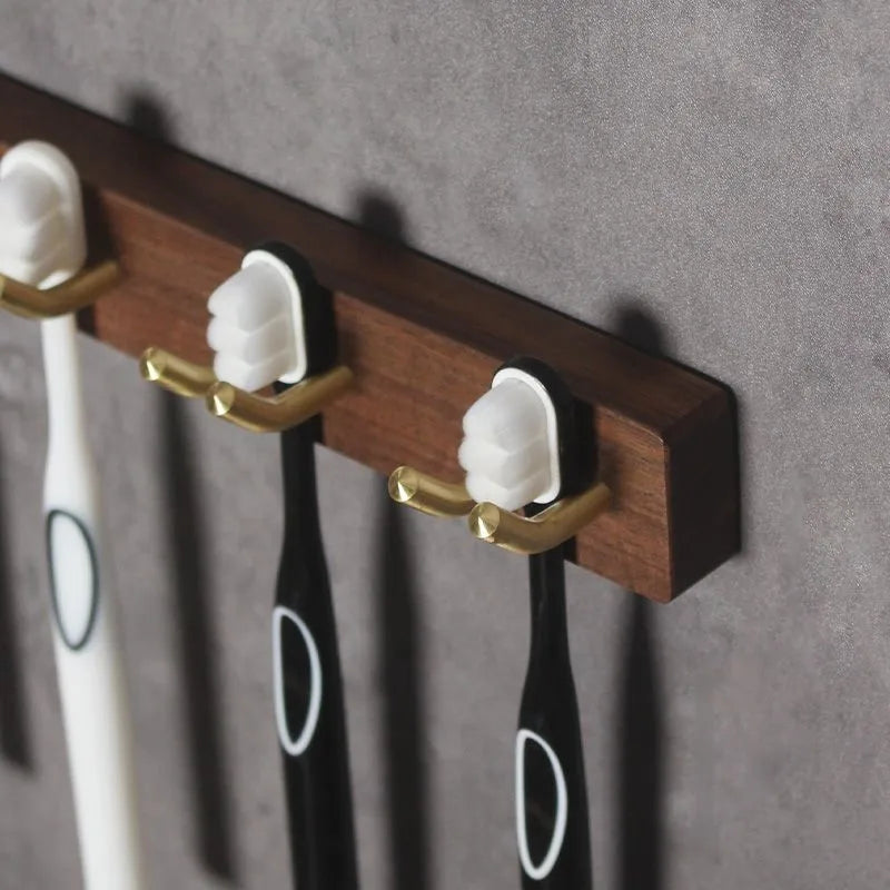HANDMADE Black Walnut Wooden Toothbrush Hanger Toilet Storage Rack Toothbrush Cup Holder Toothpaste Storage Wall Hanger No Punching
