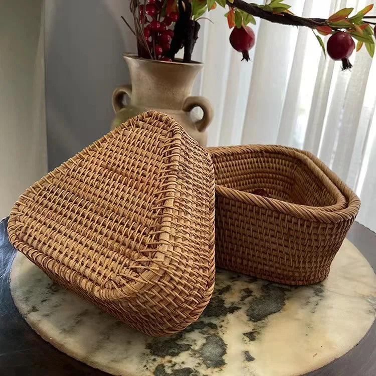 handmade Handwoven Rectangular Rattan Wicker Basket Fruit Tea Snack Bread Picnic Cosmetic Storage Box Kitchen Supplies Household Tools