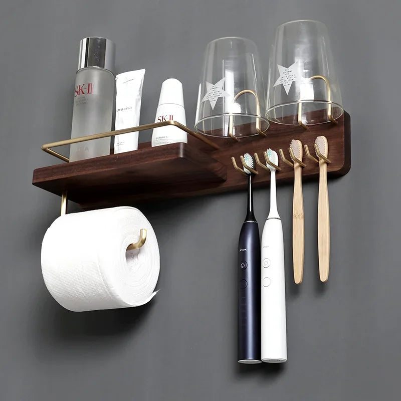 HANDMADE BATHROOM STORAGE WALL Black Walnut Electric Toothbrush Holder Multi Functional Wall-Mounted Gargle Cup and Paper Towel Storage Rack for Bathroom
