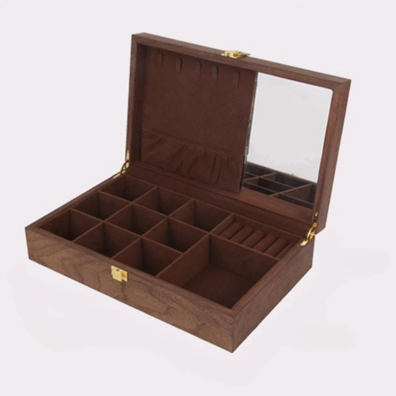 HANDMADE Walnut Wood Jewelry Box Luxury Retro Watch Storage Boxes Mirror Necklace Bracelet Display Case Jewellery Organizer Packaging