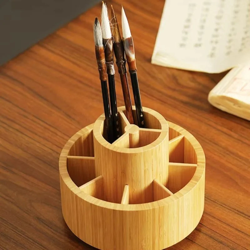 HANDMADE UNIVERSAL Brush Holder for Vanity Rotating Bamboo Pen Stand for Office Desk Circular Stationery Organizer for Home Workspace