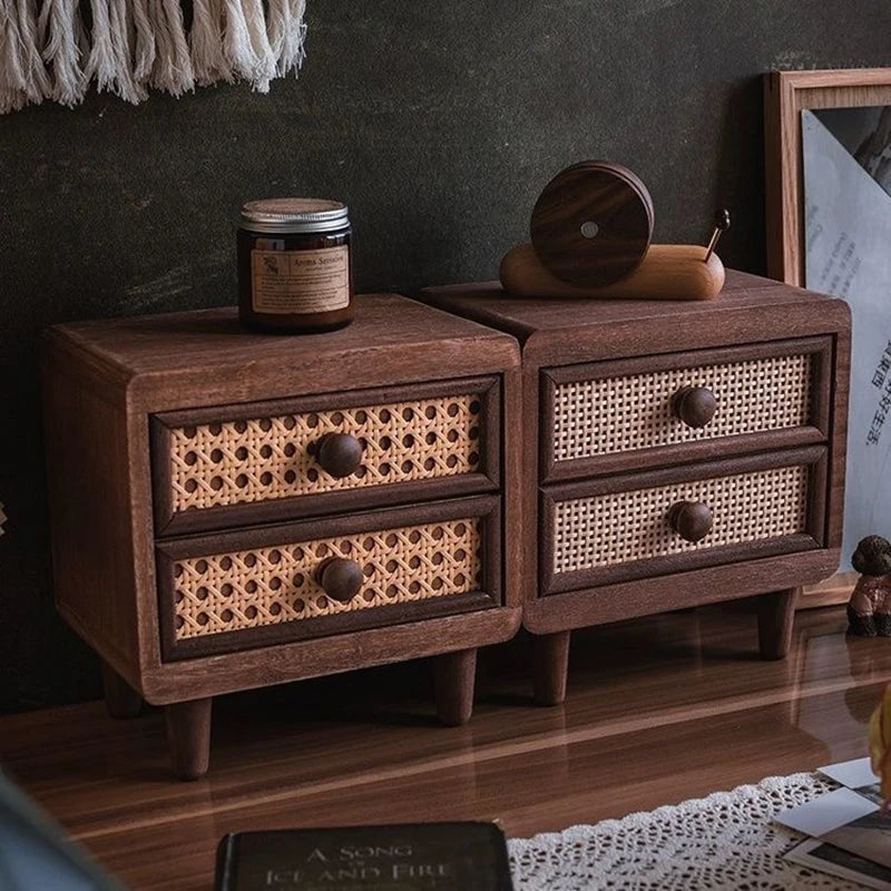 HANDMAME Desktop Wooden Storage Cabinet Retro Imitate Rattan Storage Box with Drawer Home Decor Sundries Organize Boxes Stationery Holder