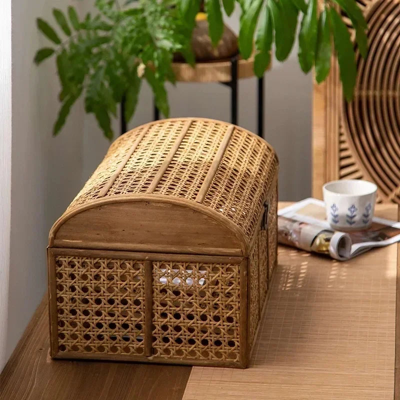 HANDMADE Rattan Style Storage Basket with Lid Makeup Organizer Box Multifunctional Snack Container Desktop Cosmetic Holder Home Organizer