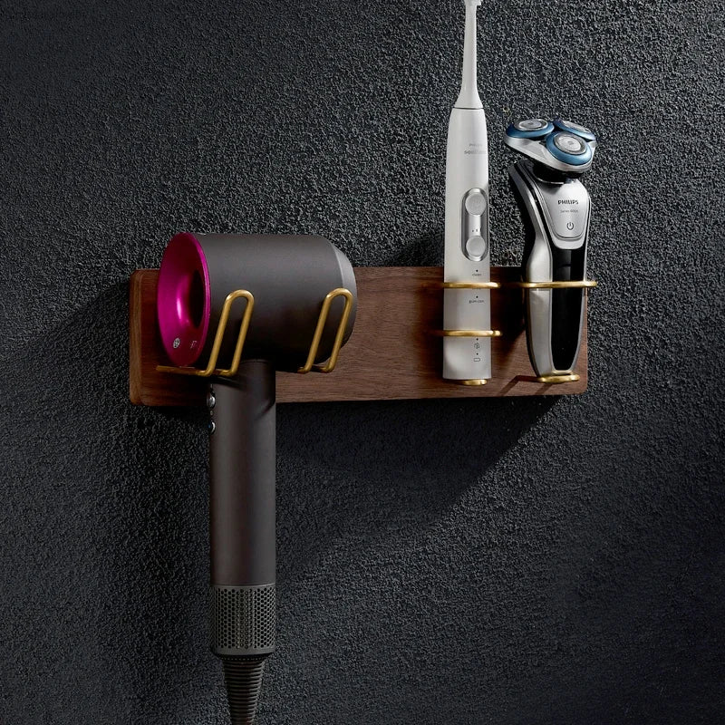 HANDMADE Solid Wood Hair Dryer Holder Wall Mounted Multi-Function Bathroom Rack Shaver Holder Toothbrush Rack Toothpaste Holder Plug Rack