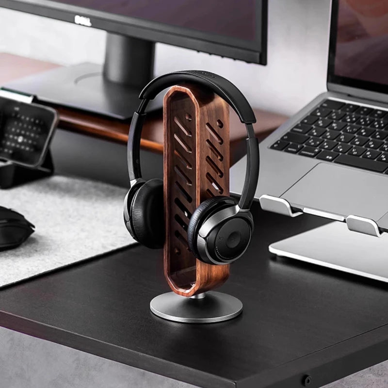 handmade Rotating Walnut Headphone Stand Creative Over-Ear Headset Holder Desk Organizer for Audio Equipment Storage Modern Display Rack