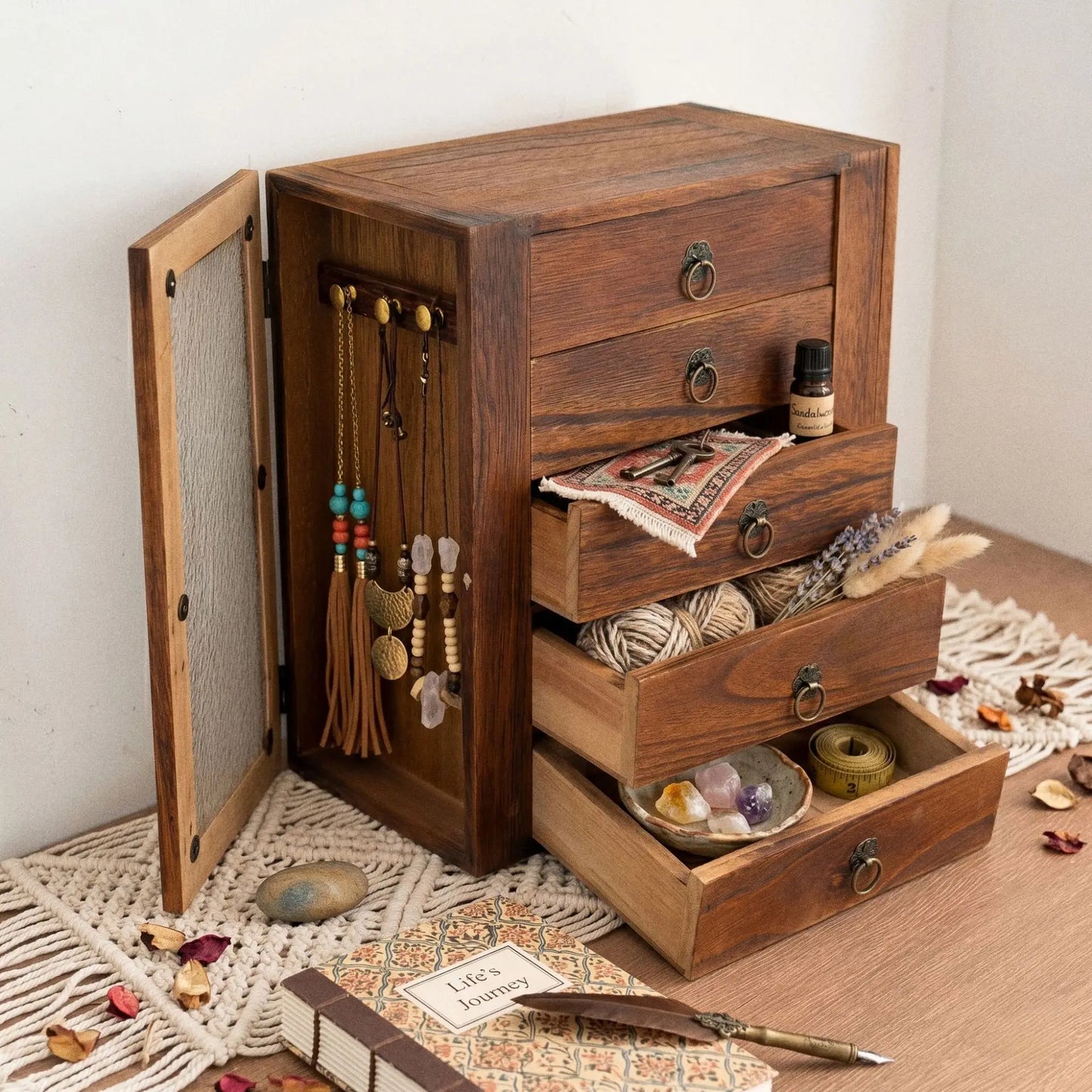HANDMADE Retro solid wood multi-layer jewelry storage box with drawers, jewelry classification box, dressing table ornaments