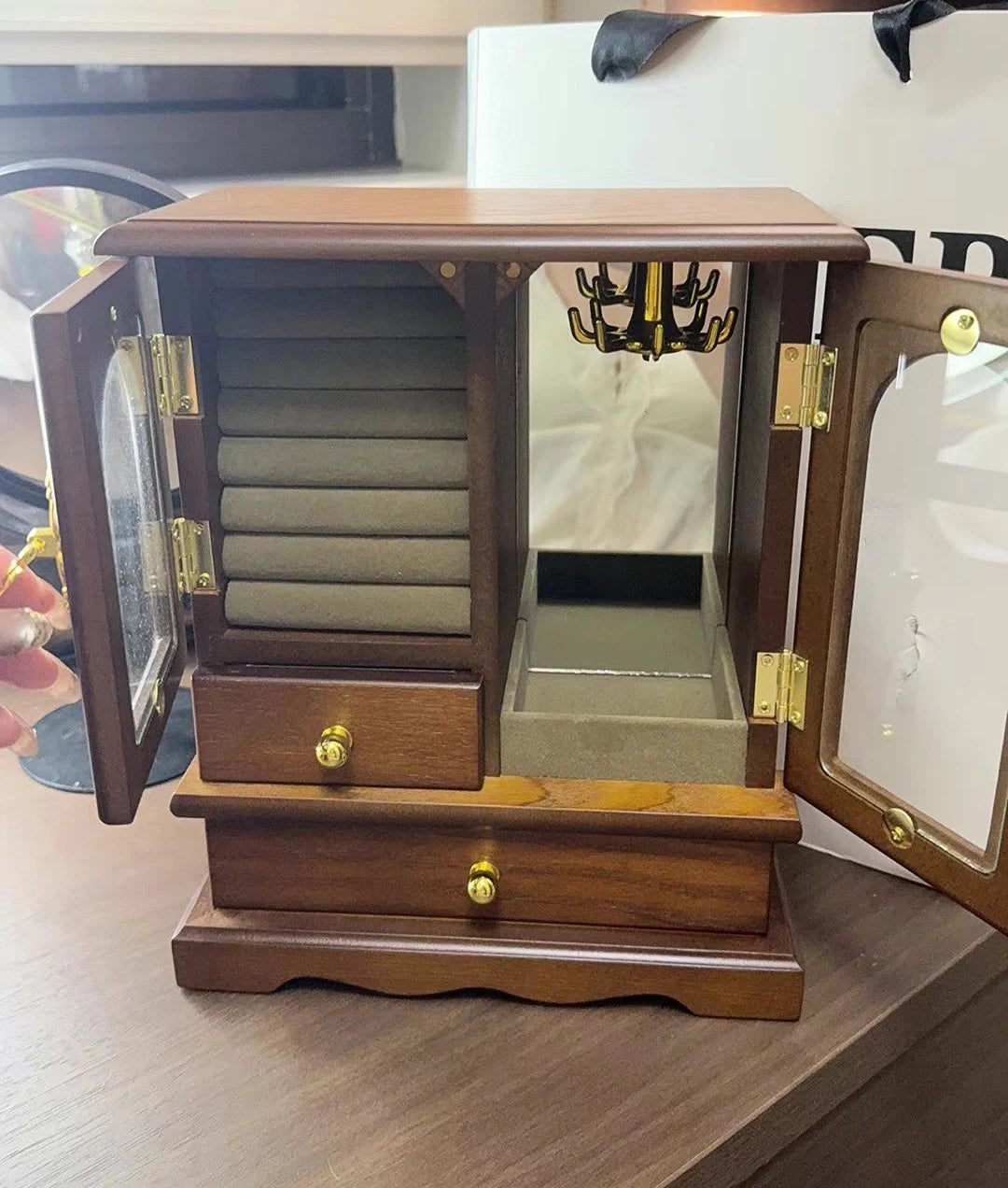 HANDMADE Retro Wooden Jewelry Storage Box High-end Earrings Necklaces Rings Storage Holder Rack Dustproof Cabinet Desktop Showcase