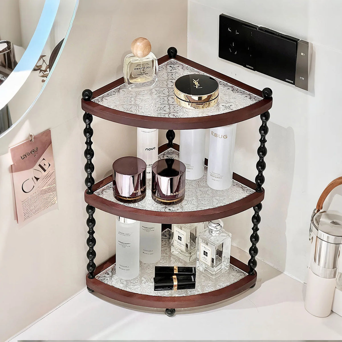 Stylish Wooden Desktop Organizer Shelf – Three-Layer Home Decor Storage Stand for Bedroom, Foyer & Bathroom