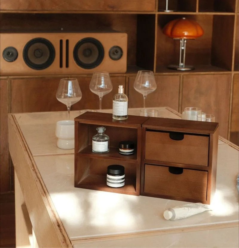 HANDMADE Wood Storage Box Makeup Organizer Boxes Luxury Bathroom Organization Case Multifunctional Accessory Organizing Cases with Drawer