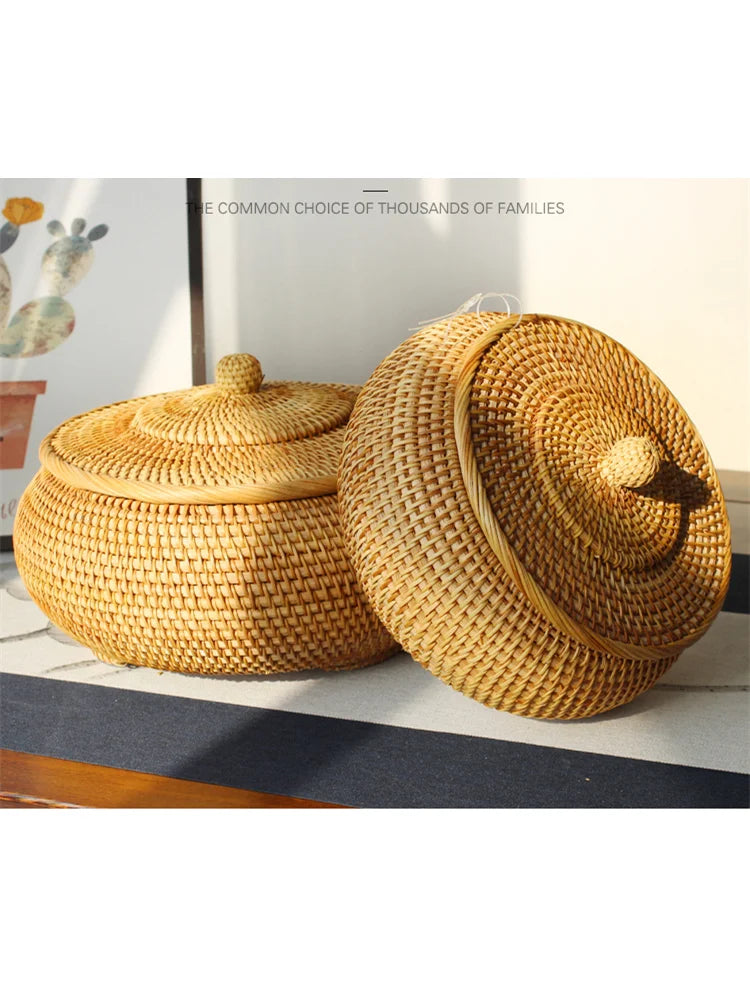 handmade rattan basket storage New Hand-woven Basket Primary Colours Simple Retro Rattan Storage Boxes with Lids Jewelry Tea Set Storage Boxes Household Items