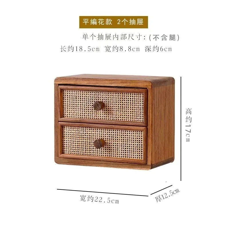 HANDMAME Desktop Wooden Storage Cabinet Retro Imitate Rattan Storage Box with Drawer Home Decor Sundries Organize Boxes Stationery Holder