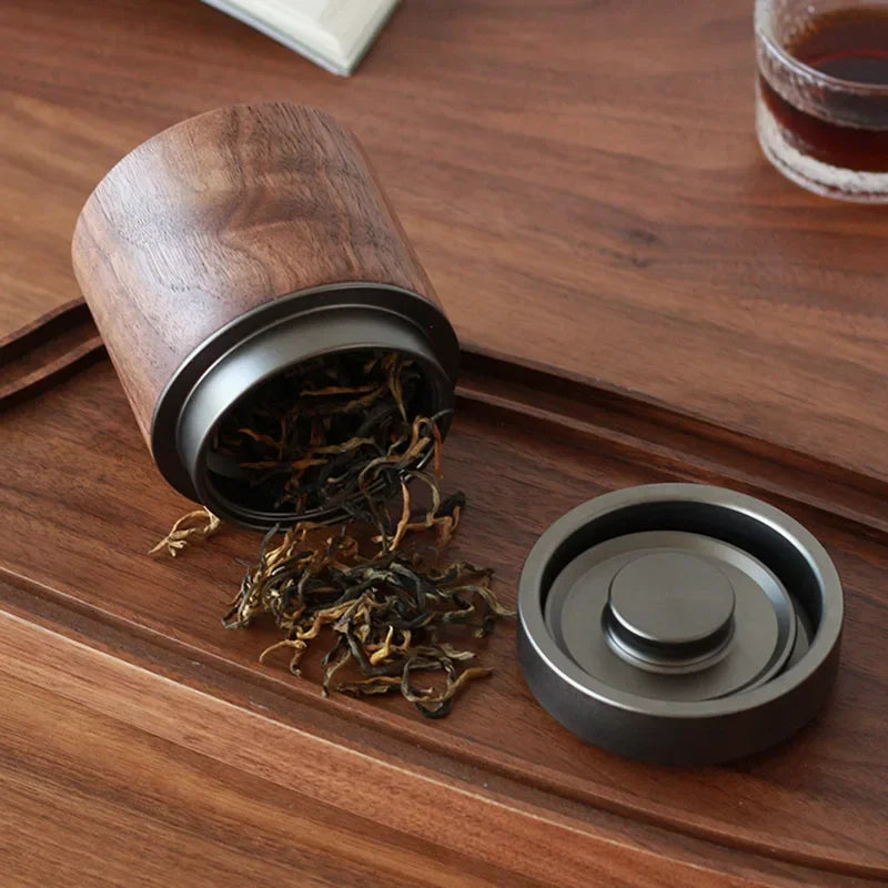 HADNMADE  Black Walnut Wood Tea Can – Premium Mini Tea Bin Aluminum Lid Sealed Storage Vintage Leaf Holder