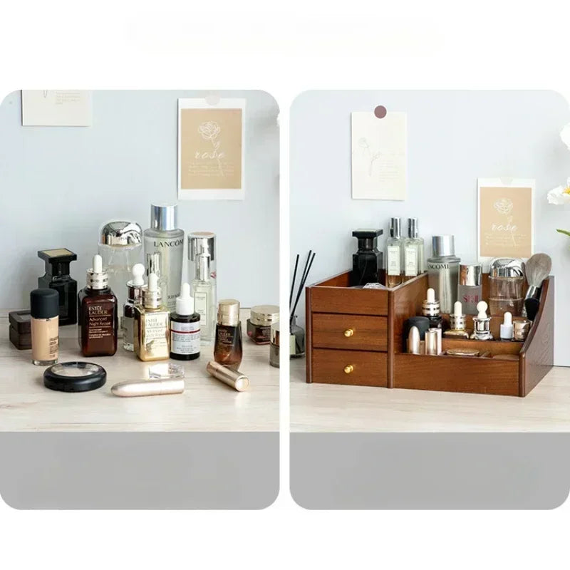 HANDMADE WOOK MAKEUP SOTRAGE ORGANIZER Clear Wood Texture Makeup Organizer Large Capacity Drawer Box Luxury Storage for Lipstick Mask and Skincare